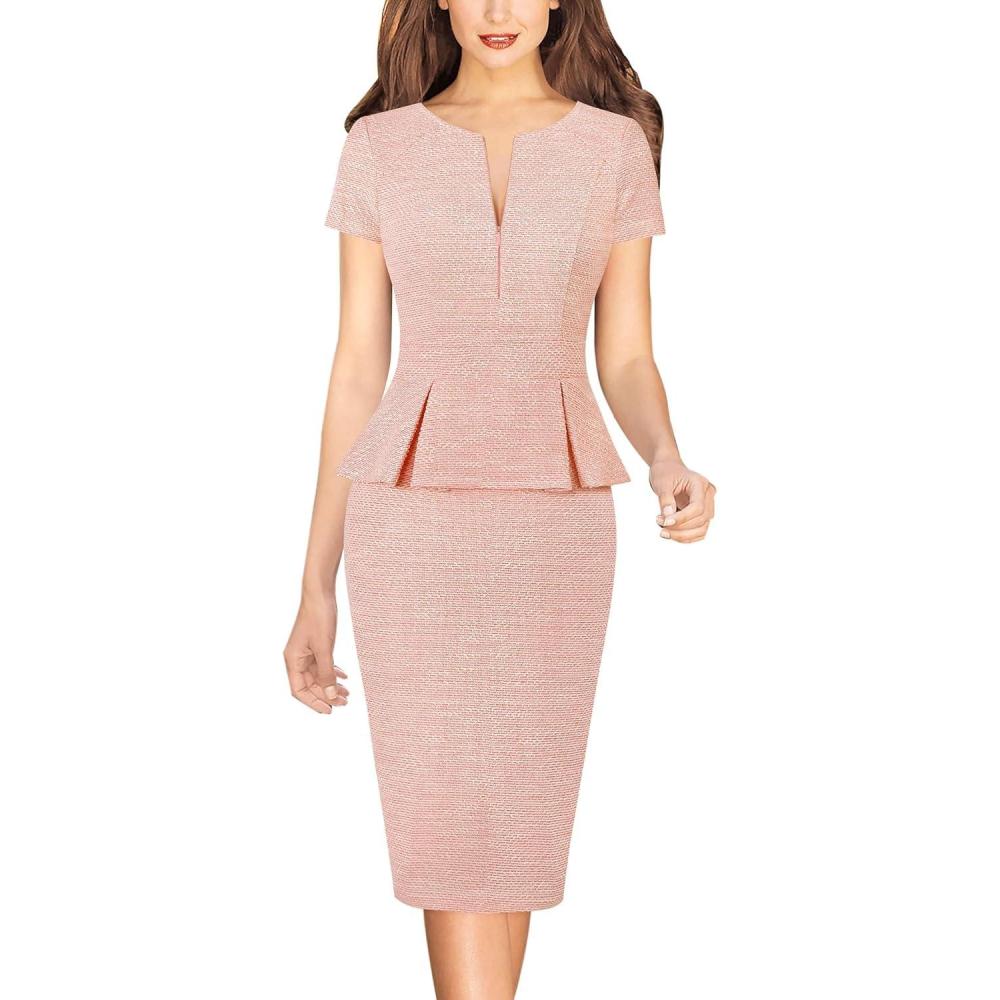 imageVFSHOW Womens Work Business Office Front Zipper Peplum Bodycon Dresses Elegant Short Sleeve Slim Church Pencil Sheath DressPink Tweed
