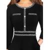 imageVFSHOW Womens Buttons Pockets Office Business ALine Dresses 34 Sleeves Work Crew Neck Tweed Trim Fit and Flare Swing DressBlack
