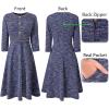imageVFSHOW Womens Buttons Pockets Office Business ALine Dresses 34 Sleeves Work Crew Neck Tweed Trim Fit and Flare Swing DressBlue Tweed