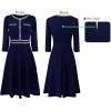 imageVFSHOW Womens Buttons Pockets Office Business ALine Dresses 34 Sleeves Work Crew Neck Tweed Trim Fit and Flare Swing DressNavy Blue