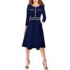 imageVFSHOW Womens Buttons Pockets Office Business ALine Dresses 34 Sleeves Work Crew Neck Tweed Trim Fit and Flare Swing DressNavy Blue