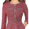 imageVFSHOW Womens Buttons Pockets Office Business ALine Dresses 34 Sleeves Work Crew Neck Tweed Trim Fit and Flare Swing DressRed Tweed