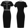 imageVFSHOW Womens Crew Neck Button Business Work Office Bodycon Dress Short Sleeve Patchwork Tweed Trim Party Pencil Sheath DressBlack