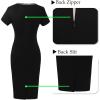 imageVFSHOW Womens Crew Neck Button Business Work Office Bodycon Dress Short Sleeve Patchwork Tweed Trim Party Pencil Sheath DressBlack