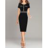 imageVFSHOW Womens Crew Neck Button Business Work Office Bodycon Dress Short Sleeve Patchwork Tweed Trim Party Pencil Sheath DressBlack