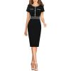 imageVFSHOW Womens Crew Neck Button Business Work Office Bodycon Dress Short Sleeve Patchwork Tweed Trim Party Pencil Sheath DressBlack