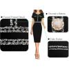 imageVFSHOW Womens Crew Neck Button Business Work Office Bodycon Dress Short Sleeve Patchwork Tweed Trim Party Pencil Sheath DressBlack