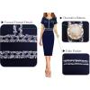 imageVFSHOW Womens Crew Neck Button Business Work Office Bodycon Dress Short Sleeve Patchwork Tweed Trim Party Pencil Sheath DressBlue