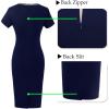 imageVFSHOW Womens Crew Neck Button Business Work Office Bodycon Dress Short Sleeve Patchwork Tweed Trim Party Pencil Sheath DressBlue