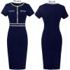 imageVFSHOW Womens Crew Neck Button Business Work Office Bodycon Dress Short Sleeve Patchwork Tweed Trim Party Pencil Sheath DressBlue