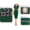 imageVFSHOW Womens Crew Neck Button Business Work Office Bodycon Dress Short Sleeve Patchwork Tweed Trim Party Pencil Sheath DressGreen