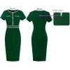 imageVFSHOW Womens Crew Neck Button Business Work Office Bodycon Dress Short Sleeve Patchwork Tweed Trim Party Pencil Sheath DressGreen