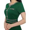 imageVFSHOW Womens Crew Neck Button Business Work Office Bodycon Dress Short Sleeve Patchwork Tweed Trim Party Pencil Sheath DressGreen