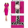 imageVFSHOW Womens Crew Neck Button Business Work Office Bodycon Dress Short Sleeve Patchwork Tweed Trim Party Pencil Sheath DressHot Pink