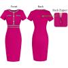 imageVFSHOW Womens Crew Neck Button Business Work Office Bodycon Dress Short Sleeve Patchwork Tweed Trim Party Pencil Sheath DressHot Pink