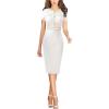 imageVFSHOW Womens Crew Neck Button Business Work Office Bodycon Dress Short Sleeve Patchwork Tweed Trim Party Pencil Sheath DressOffwhite