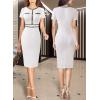 imageVFSHOW Womens Crew Neck Button Business Work Office Bodycon Dress Short Sleeve Patchwork Tweed Trim Party Pencil Sheath DressOffwhite With Black Tweed Trim