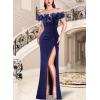 imageVFSHOW Womens Formal Prom Off Shoulder 3D Flowers Ruched Wedding Guest Maxi Dress 2025 Sexy High Slit Cocktail Evening GownSparkly Navy Blue