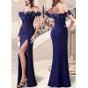 imageVFSHOW Womens Formal Prom Off Shoulder 3D Flowers Ruched Wedding Guest Maxi Dress 2025 Sexy High Slit Cocktail Evening GownSparkly Navy Blue