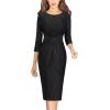 imageVFSHOW Womens Front Zipper Tie Waist Bow 34 Sleeve Slim Fitted Work Business Office Party Bodycon Pencil Sheath DressBlack White Striped