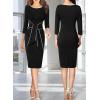 imageVFSHOW Womens Front Zipper Tie Waist Bow 34 Sleeve Slim Fitted Work Business Office Party Bodycon Pencil Sheath DressBlack and White Piping