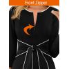 imageVFSHOW Womens Front Zipper Tie Waist Bow 34 Sleeve Slim Fitted Work Business Office Party Bodycon Pencil Sheath DressBlack and White Piping
