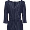 imageVFSHOW Womens Front Zipper Tie Waist Bow 34 Sleeve Slim Fitted Work Business Office Party Bodycon Pencil Sheath DressDark Blue White Striped