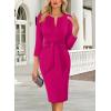 imageVFSHOW Womens Front Zipper Tie Waist Bow 34 Sleeve Slim Fitted Work Business Office Party Bodycon Pencil Sheath DressHot Pink