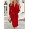 imageVFSHOW Womens Front Zipper Tie Waist Bow 34 Sleeve Slim Fitted Work Business Office Party Bodycon Pencil Sheath DressRed and Black Piping