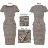 imageVFSHOW Womens Work Business Office Front Zipper Peplum Bodycon Dresses Elegant Short Sleeve Slim Church Pencil Sheath DressApricot Plaid Tweed