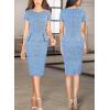 imageVFSHOW Womens Work Business Office Front Zipper Peplum Bodycon Dresses Elegant Short Sleeve Slim Church Pencil Sheath DressBlue White Tweed