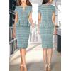 imageVFSHOW Womens Work Business Office Front Zipper Peplum Bodycon Dresses Elegant Short Sleeve Slim Church Pencil Sheath DressBteal Green Tweed