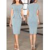 imageVFSHOW Womens Work Business Office Front Zipper Peplum Bodycon Dresses Elegant Short Sleeve Slim Church Pencil Sheath DressLight Blue Tweedb