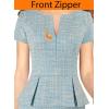 imageVFSHOW Womens Work Business Office Front Zipper Peplum Bodycon Dresses Elegant Short Sleeve Slim Church Pencil Sheath DressLight Blue Tweedb