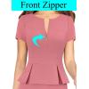 imageVFSHOW Womens Work Business Office Front Zipper Peplum Bodycon Dresses Elegant Short Sleeve Slim Church Pencil Sheath DressPink