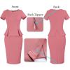 imageVFSHOW Womens Work Business Office Front Zipper Peplum Bodycon Dresses Elegant Short Sleeve Slim Church Pencil Sheath DressPink