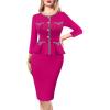imageVFSHOW Womens Buttons Peplum Work Business Office Professional Patchwork Pencil Sheath DressHot Pink