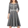 imageVFSHOW Womens Buttons Pockets Office Business ALine Dresses 34 Sleeves Work Crew Neck Tweed Trim Fit and Flare Swing DressBlack Tweed