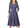 imageVFSHOW Womens Buttons Pockets Office Business ALine Dresses 34 Sleeves Work Crew Neck Tweed Trim Fit and Flare Swing DressBlue Tweed