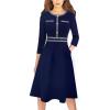 imageVFSHOW Womens Buttons Pockets Office Business ALine Dresses 34 Sleeves Work Crew Neck Tweed Trim Fit and Flare Swing DressNavy Blue