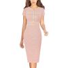 imageVFSHOW Womens Crew Neck Button Business Work Office Bodycon Dress Short Sleeve Patchwork Tweed Trim Party Pencil Sheath DressPink Tweed