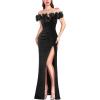 imageVFSHOW Womens Formal Prom Off Shoulder 3D Flowers Ruched Wedding Guest Maxi Dress 2025 Sexy High Slit Cocktail Evening GownSparkly Black