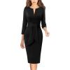 imageVFSHOW Womens Front Zipper Tie Waist Bow 34 Sleeve Slim Fitted Work Business Office Party Bodycon Pencil Sheath DressBlack