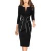 imageVFSHOW Womens Front Zipper Tie Waist Bow 34 Sleeve Slim Fitted Work Business Office Party Bodycon Pencil Sheath DressBlack and White Piping