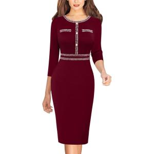 imageVFSHOW Womens Button Crew Neck Wear to Work Office Business Casual Church Party Slimming Fitted Bodycon Pencil Sheath DressDark Red