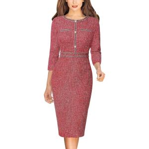 imageVFSHOW Womens Button Crew Neck Wear to Work Office Business Casual Church Party Slimming Fitted Bodycon Pencil Sheath DressRed Tweed