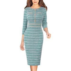 imageVFSHOW Womens Button Crew Neck Wear to Work Office Business Casual Church Party Slimming Fitted Bodycon Pencil Sheath DressTeal Green