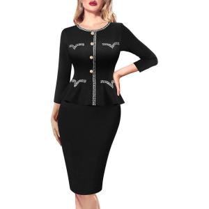 imageVFSHOW Womens Buttons Peplum Work Business Office Professional Patchwork Pencil Sheath DressBlack