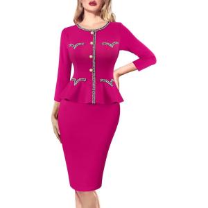 imageVFSHOW Womens Buttons Peplum Work Business Office Professional Patchwork Pencil Sheath DressHot Pink