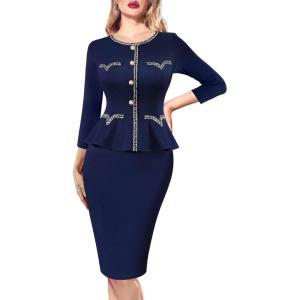 imageVFSHOW Womens Buttons Peplum Work Business Office Professional Patchwork Pencil Sheath DressNavy Blue
